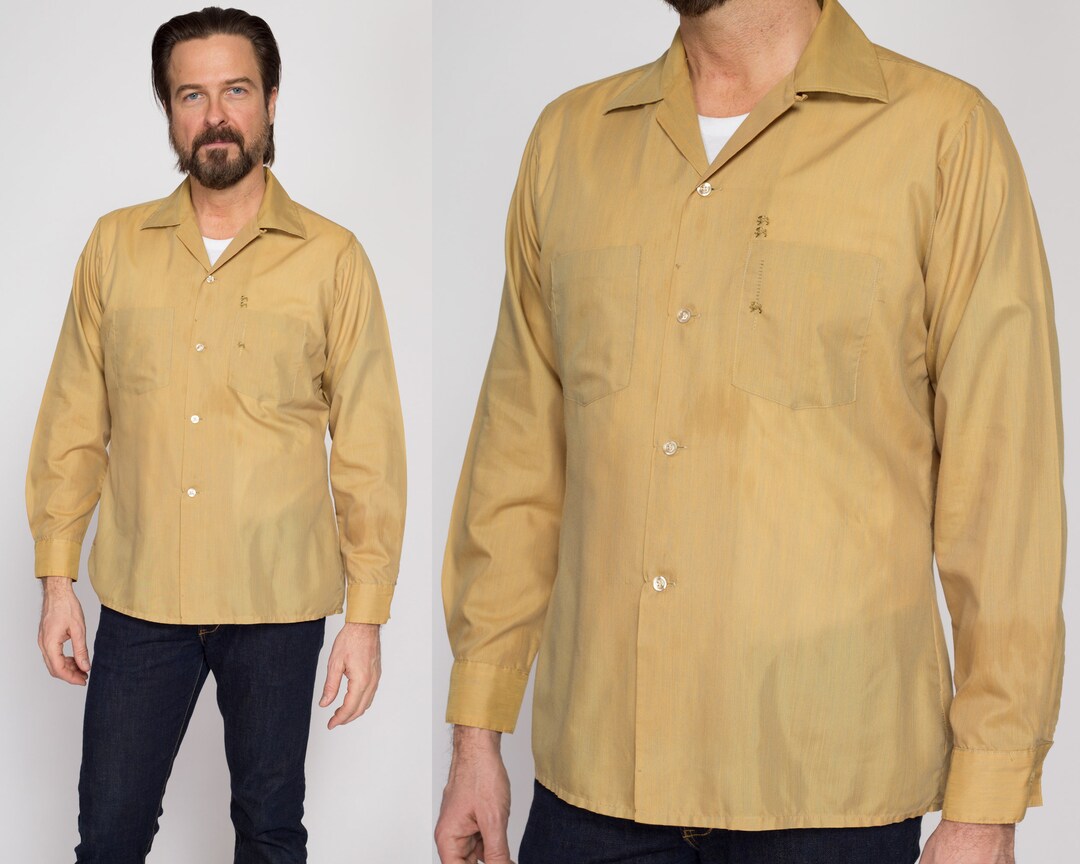 Medium 60s Arrow Mustard Yellow Loop Collar Shirt Vintage Decton Perma