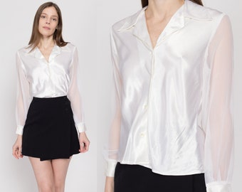 Small 90s White Satin Sheer Sleeve Blouse | Vintage Button Up Formal Collared Shirt