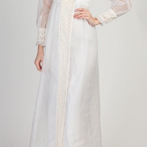 60s 70s Emma Domb White Swiss Dot Maxi Dress, As Is Petite XS Vintage Crochet Trim Boho Empire Waist Gown image 4