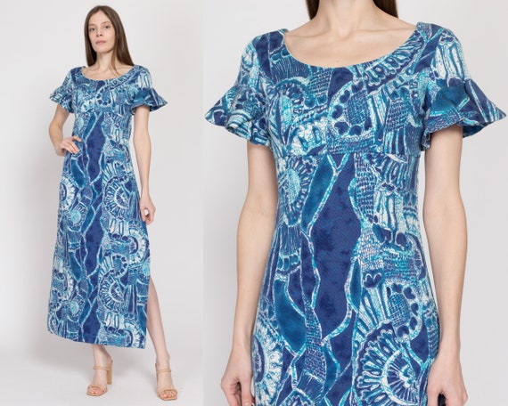 XS 60s Hawaiian Blue Abstract Print Maxi Dress | … - image 1