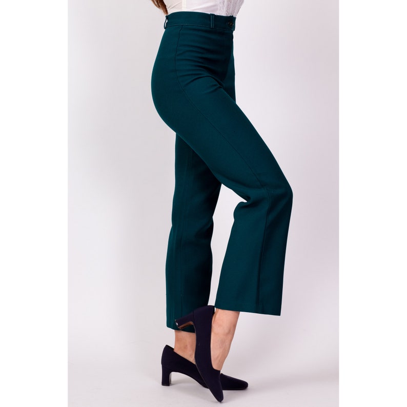 70s Emerald Green High Waisted Trousers XXS, 23 Vintage Straight Leg Retro Polyester Pants image 3
