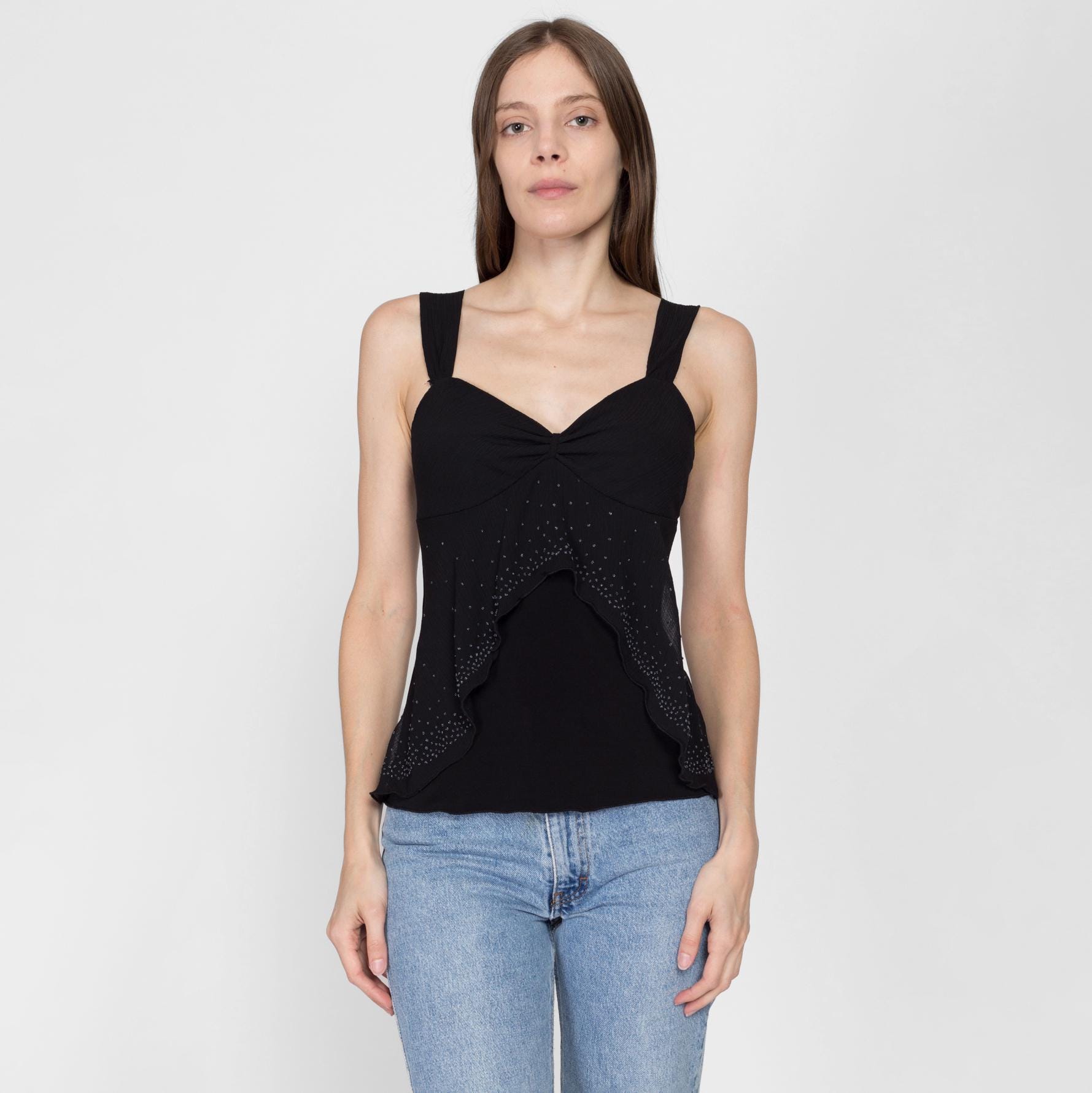 Small 90s Black Beaded Split Hem Top | Vintage Sleeveless Sheer Overlay Club Blouse