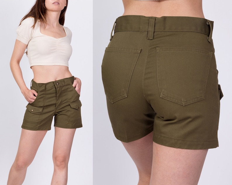 70s High Waist Boy Scout Uniform Shorts XS to Small Vintage Olive Green Utility Cargo Shorts image 1