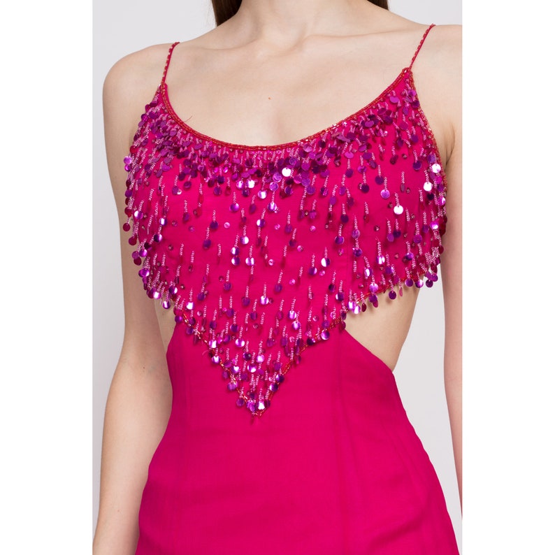 XS 90s Hot Pink Silk Sequin Showgirl Evening Gown As Is Vintage Backless Cutout Sleeveless Formal Maxi Dress image 6