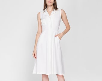 XS 1950s White Sleeveless Midi Shirtdress | Vintage 50s Boho Button Front Day Dress