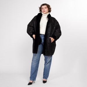 XL 80s Black Embossed Suede & Faux Fur Reversible Coat | Vintage Mid Length Leather Plush Shearling Winter Jacket