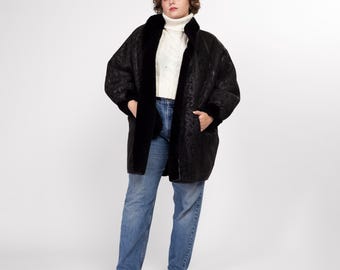 XL 80s Black Embossed Suede & Faux Fur Reversible Coat | Vintage Mid Length Leather Plush Shearling Winter Jacket