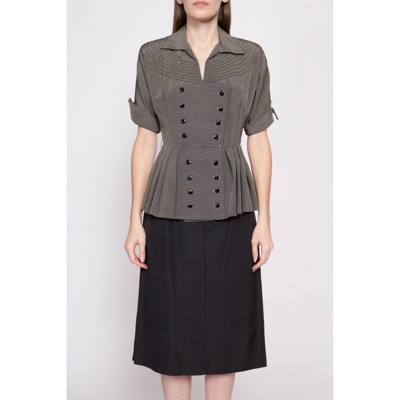 Small 1940s Black & White Striped Peplum Secretary Dress Vintage 40s Cuffed Short Sleeve Midi Dress image 3
