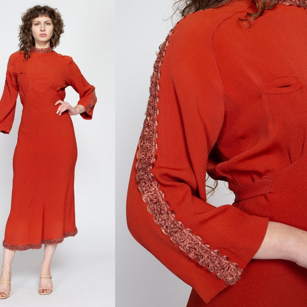 Medium 1930s Deco Burnt Orange Bias Cut Dress | Vintage 30s 3/4 Sleeve Chest Pocket Ankle Length Maxi Gown