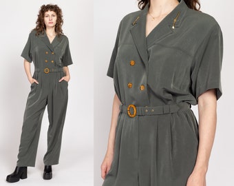 Large 90s Olive Green Double Breasted Jumpsuit | Vintage Belted Button Up Short Sleeve Collared Pantsuit