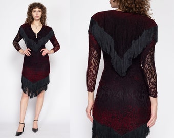 XS 80s Climax By Karen Okada Red & Black Lace Fringe Party Dress | Vintage David Howard Sexy Fitted 3/4 Sleeve Bodycon Dress