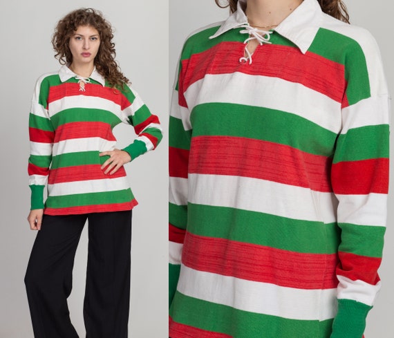 Medium 60s 70s Striped Knit Athletic Shirt Men's Vintage Long Sleeve  Collared Lace up Rugby Jersey Top -  Norway