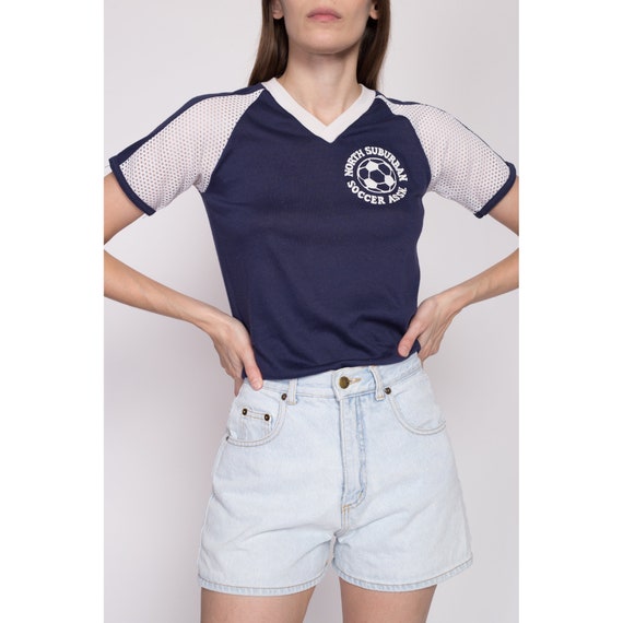 XS 70s Navy Blue Mesh Soccer Jersey Tee | Vintage… - image 2