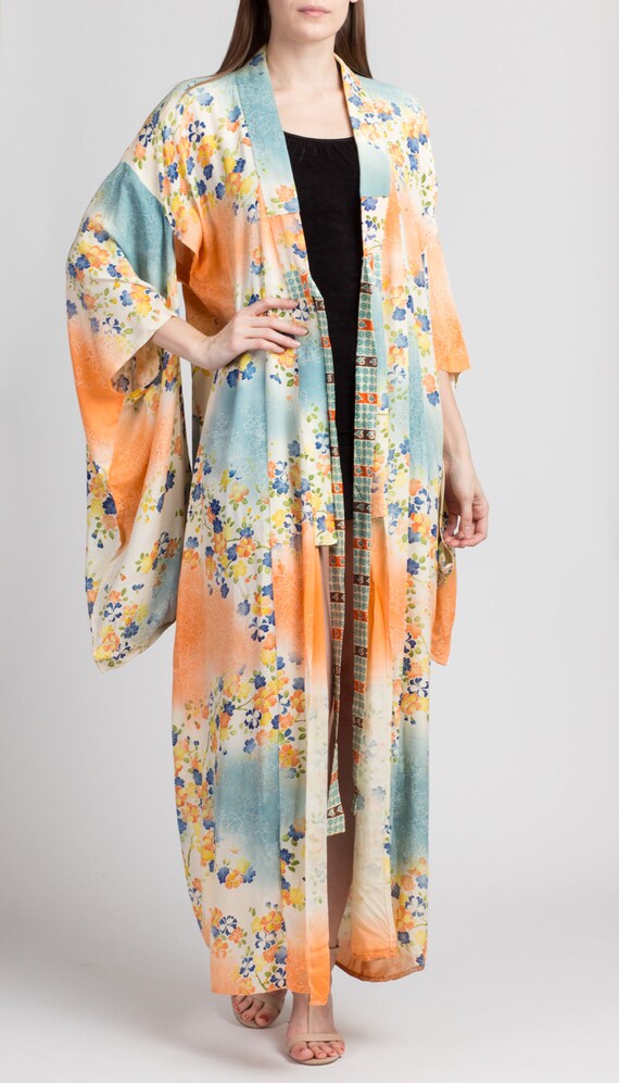 Mid Century Boho Maxi Silk Robe One Size Vintage 1940s Japanese Floral Kimono