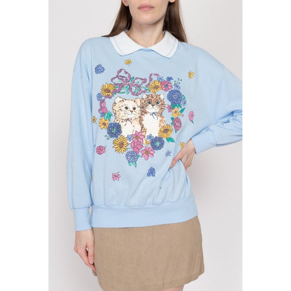 Large 90s Cats & Flowers Blue Collared Sweatshirt… - image 3