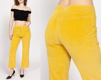 Medium 70s Yellow Corduroy Kick Flare Pants | Vintage Cords Retro High Waisted Trousers