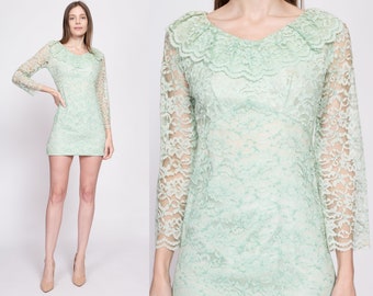 XS 60s Mint Green Lace Micro Mini Dress As Is | Vintage 1960s Bell Sleeve Lolita Babydoll Party Dress