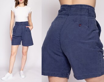 90s Faded Navy Blue High Waisted Shorts Small to Medium, 27.5" | Vintage Cotton Casual Pleated Shorts