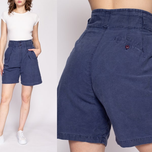 90s Faded Navy Blue High Waisted Shorts Small to Medium, 27.5" | Vintage Cotton Casual Pleated Shorts