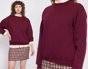 Medium 90s Wine Red Crewneck Sweatshirt Unisex | Vintage Plain Cotton Blend Blank Pullover