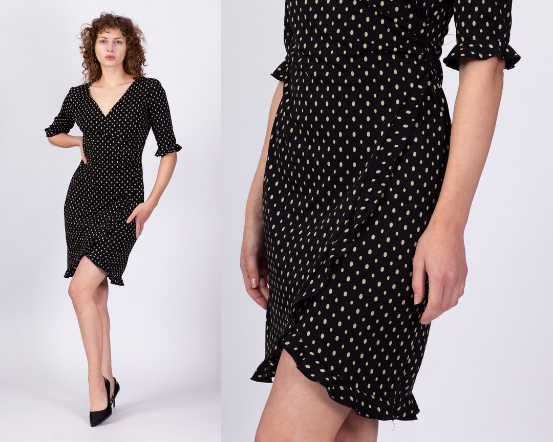 90s Polka Dot Mini Wrap Dress Medium Vintage Black Half - Etsy