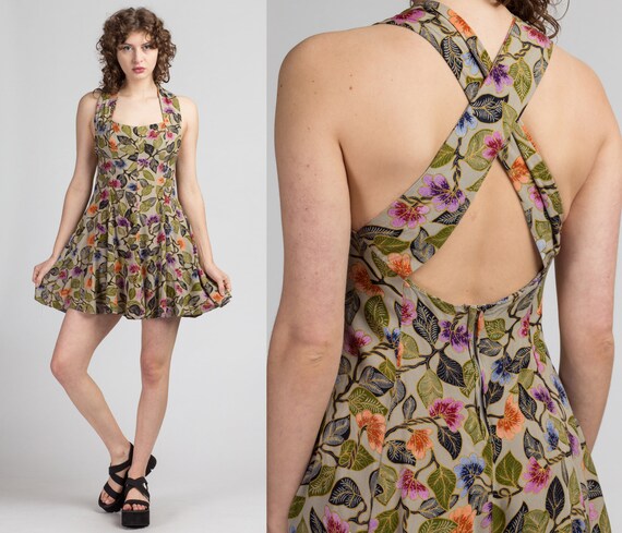 90s Floral & Leaf Print Mini Dress - Petite Small