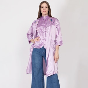 Small 80s Lilac Purple Satin Robe & Top | Vintage Embroidered Chinese Matching Loungewear Set