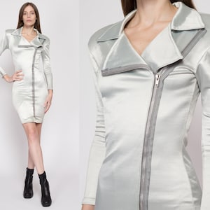 XS-Sm 80s Futuristic Silver Bodycon Dress Vintage Shiny Long Sleeve Zip Up Collared Mini Dress image 1