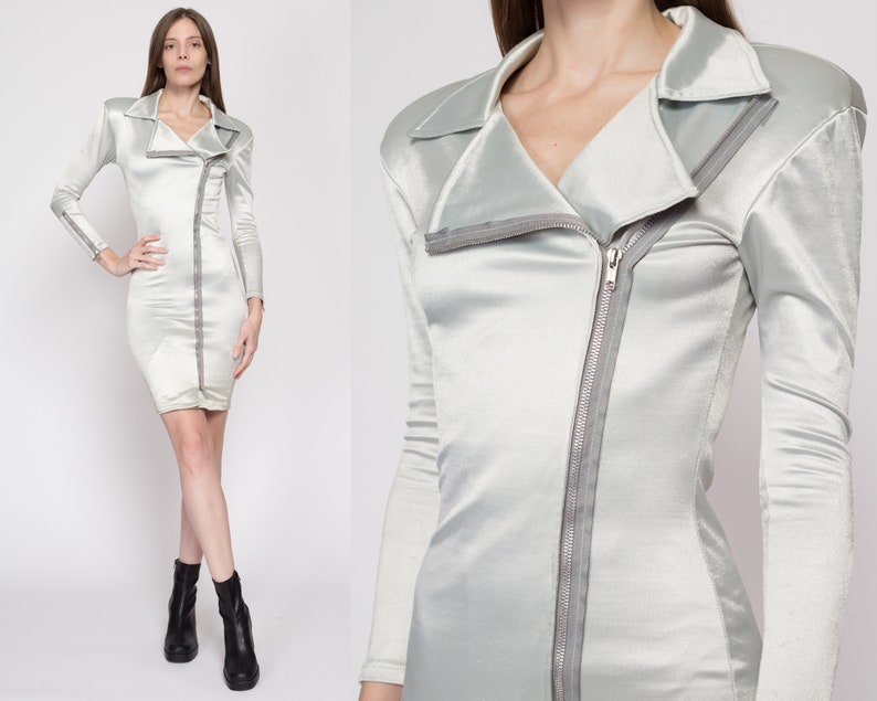 XS-Sm 80s Futuristic Silver Bodycon Dress Vintage Shiny Long Sleeve Zip Up Collared Mini Dress image 1