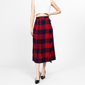 Medium 80s Red & Blue Plaid Wool Midi Kilt Skirt 28.5&quot; | Vintage Tartan High Waisted Pleated Fringe Wrap Skirt