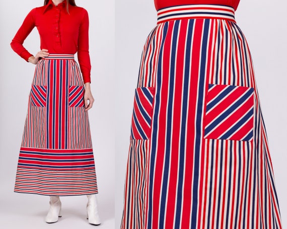 Medium 70s Red White & Blue Striped Maxi Skirt 29… - image 1