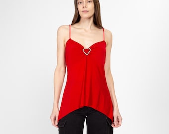 Y2K Red Jeweled Heart Scarf Hem Cami Top - Medium | Vintage 2000s Valentine's Day Spaghetti Strap Club Tank Top