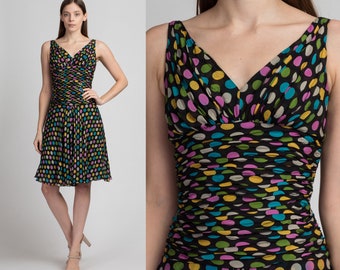 90s Silk Polka Dot Party Dress Small | Vintage Bryan Bradley Ruched Bodice Mini