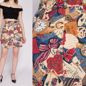 Small 80s Victorian Alice In Wonderland Print Denim Mini Skirt 27" | Vintage Boho High Waisted Novelty Cutoff Jean Skirt