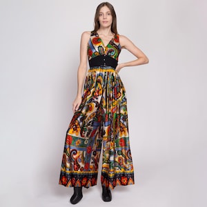 Small 60s 70s Boho Floral & Paisley Palazzo Jumpsuit | Vintage Empire Waist Wide Leg Disco Hippie Pantsuit