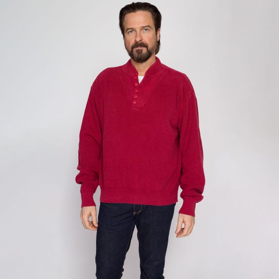 80s L.L. Bean Red Knit Henley Sweater - Large | Vintage Button up 