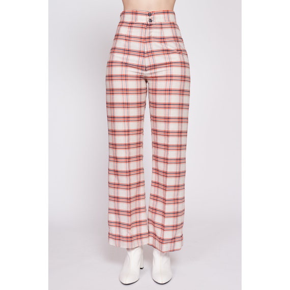 Small 70s Orange & White Plaid High Waisted Pants… - image 2