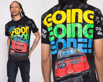 90s Jeff Gordon NASCAR "Going Going Gone!" All Over Print Tee Men's Medium | Vintage Black Du Pont Race Car Graphic T Shirt