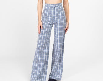 XXS 70s Blue & White Windowpane Plaid Flared Pants 22.5