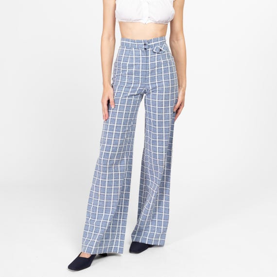 XXS 70s Blue & White Windowpane Plaid Flared Pants 22.5