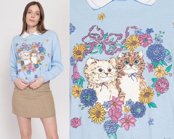 Large 90s Cats & Flowers Blue Collared Sweatshirt… - image 1