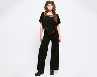 Small 70s Boho Black Velour Capelet Jumpsuit | Vintage Embroidered Trim Straight Leg Disco Pantsuit