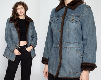 Medium 90s Denim Faux Fur Lined Jacket | Vintage Marvin Richards Cuffed Glam Jean Coat
