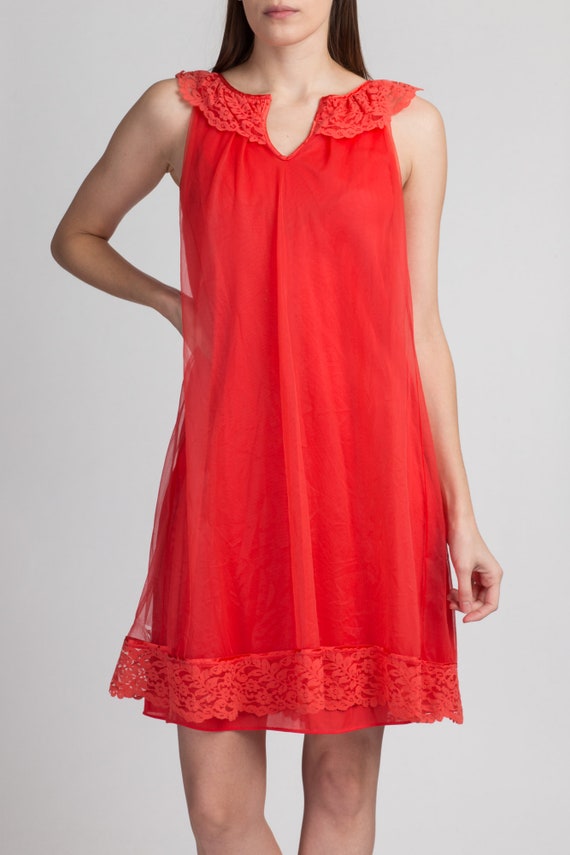 Small Vintage 60s Red Mini Nightie | Lace Trim Sl… - image 3