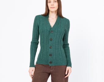 Vintage 80s Emerald Green Cable Knit Fitted Cardigan - Small | Button Up V Neck Lightweight Sweater