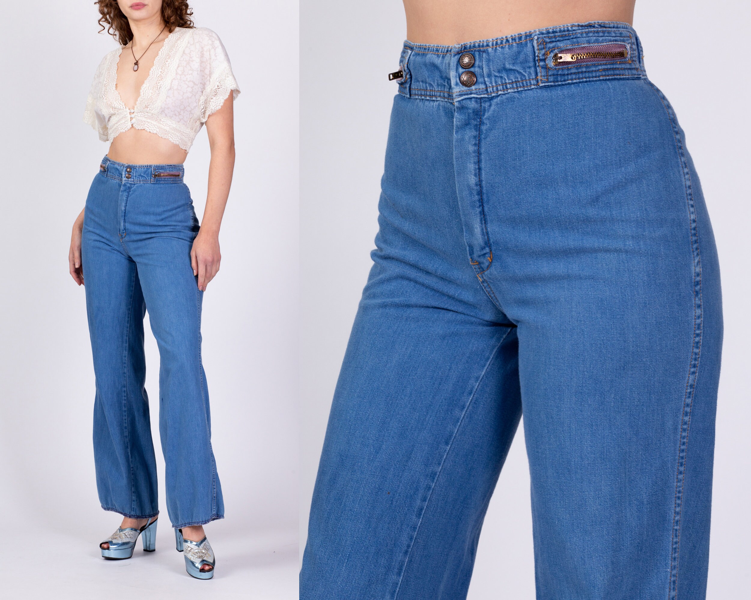 70s High Waisted Zipper Pocket Jeans - Small, 26.5