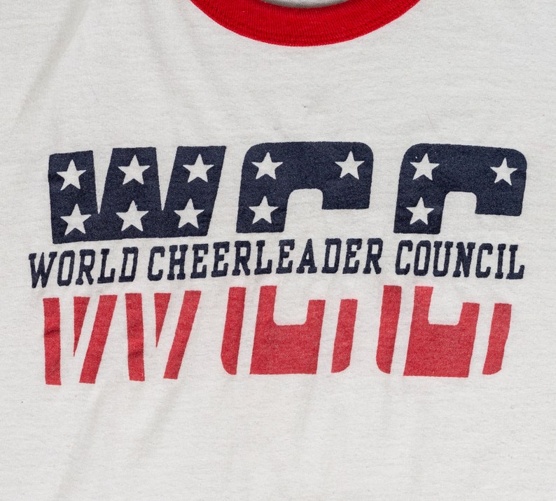 Mittelgroß 80er Jahre World Cheerleader Council T Shirt Unisex Vintage Weiß Rot Ringer Graphic Tee Bild 2