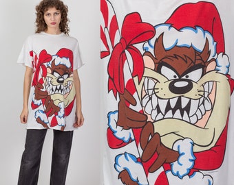 90s Christmas Tazmanian Devil T Shirt Dress One Size | Vintage White Cartoon Graphic Oversize Sleep Shirt