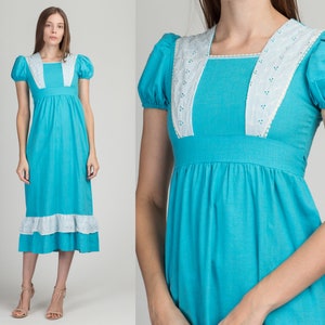 70s Blue & White Prairie Dress Girls Size 12 Vintage Children's Boho Puff Sleeve Maxi Dress image 1