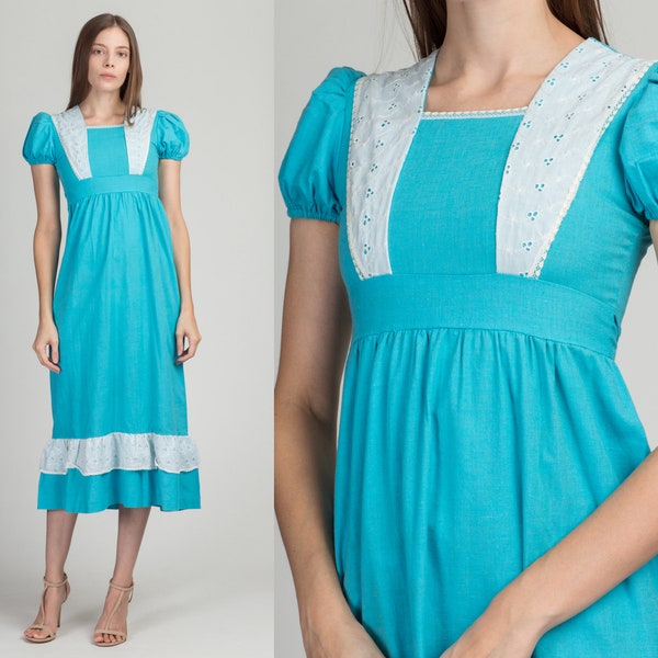 70s Blue & White Prairie Dress Girls Size 12 | Vintage Children's Boho Puff Sleeve Maxi Dress